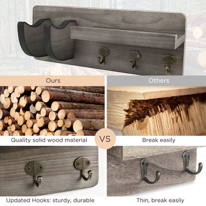 LotFancy Guitar Wall Wood Hanger Holder Mount with Pick Holder and 3 Hooks,Bonus a Wooden Board with 4 Hooks